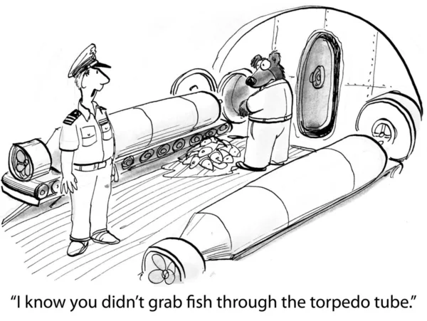 Dibujos animados ilustración. Oso en el submarino agarra peces a través del tubo —  Fotos de Stock