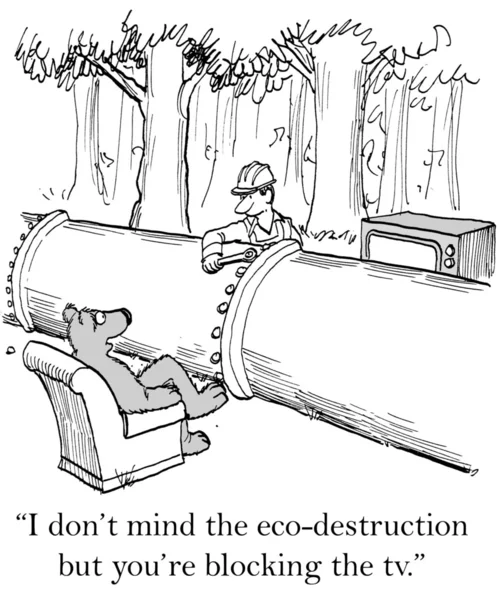 Cartoon-Illustration. Pipeline-Arbeiter blockiert den Fernseher des Bären — Stockfoto