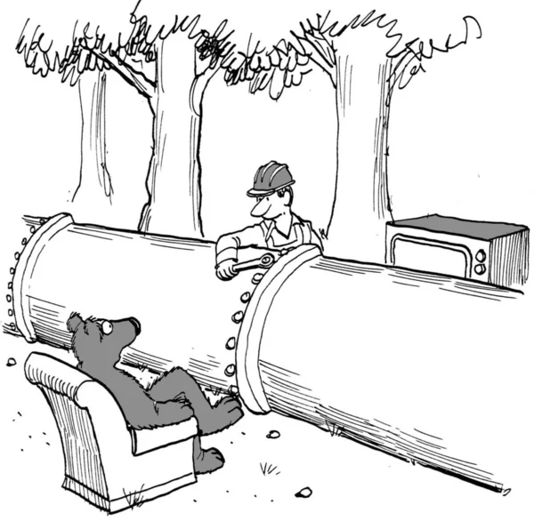 Cartoon illustration. Bear is blocked from tv by pipe