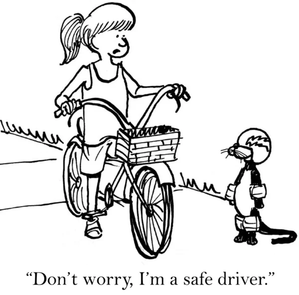 Cartoon illustration. Cat wears safety gear on bike — Stock Fotó