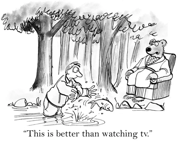 Cartoon-Illustration. Bär gibt Mann Rat zum Fischfang — Stockfoto