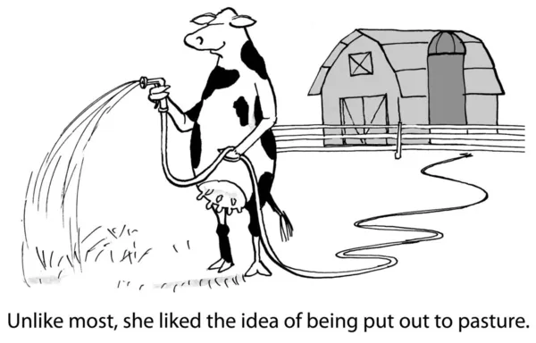 Cartoon illustration.Cow watering the ground — Stock Photo, Image