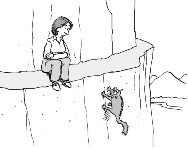 Καρτούν εικονογράφηση. γάτα είναι αναρτημένα στην πάνω στο βράχο — Φωτογραφία Αρχείου