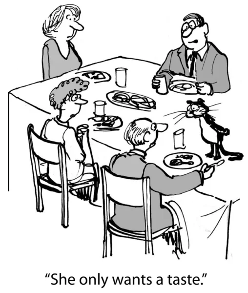 Cartoon illustration. People eat at the table