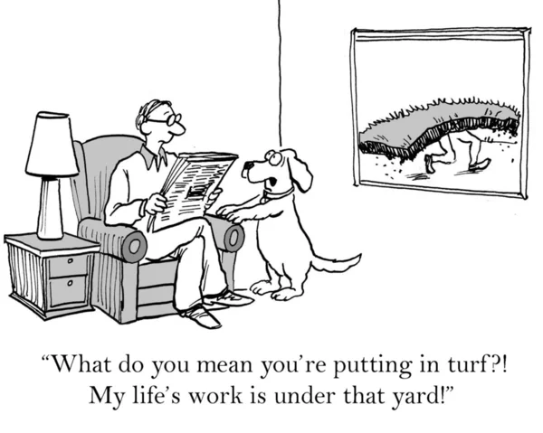 Карикатура. Человек, читающий газету в комнате с собакой — стоковое фото