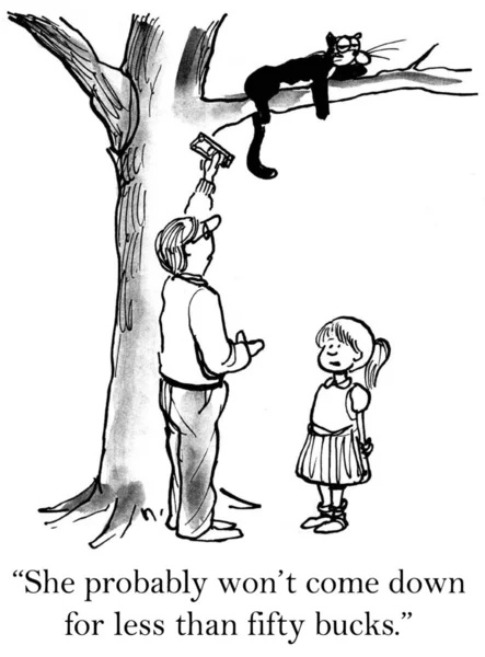 Cartoon illustration. Dad and daughter lure the cat down from the tree — Stock Photo, Image