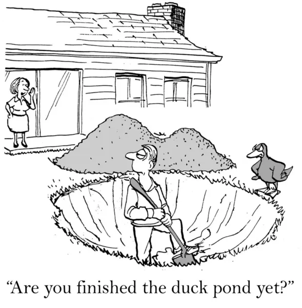 Cartoon illustration. Man digging a pond for ducks