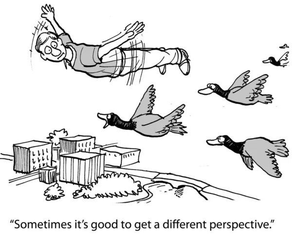 Dibujos animados ilustración. Hombre volando con patos —  Fotos de Stock
