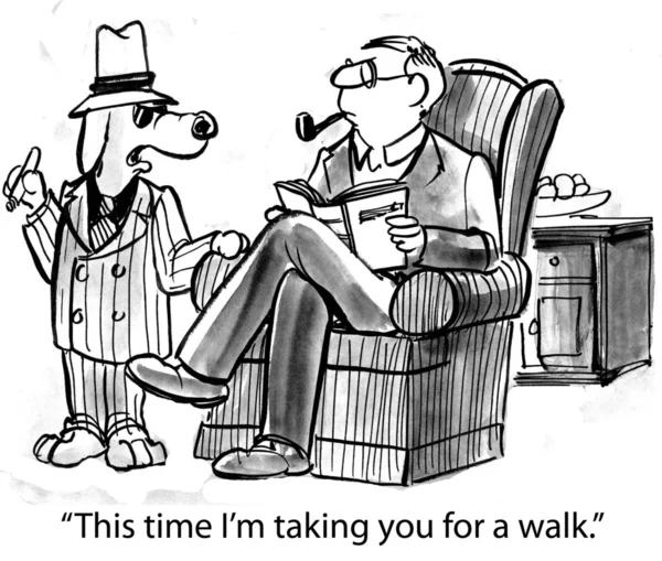 Cartoon illustration. Dog taking man for a walk — Stock Photo, Image