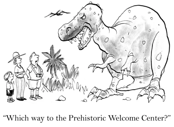 Cartoon illustration. Tourists look for the welcome center — Stock Photo, Image