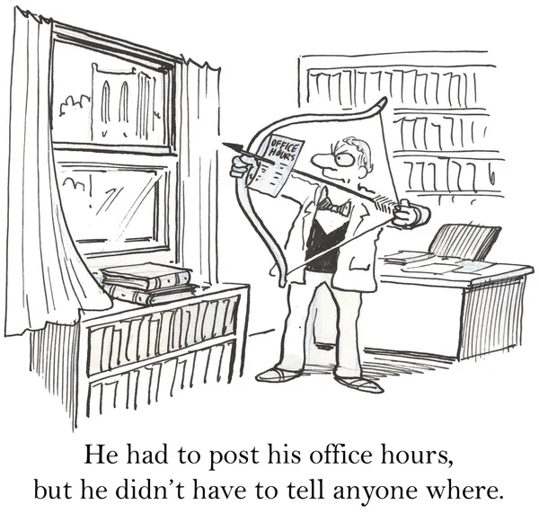 Cartoon illustration man in an office shooting with bow — Stock Photo, Image