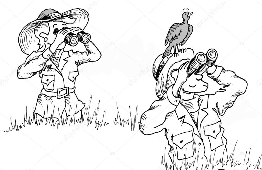 Cartoon illustration. Woman looks at bird who looks at other bird