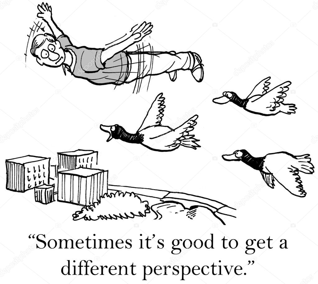 Cartoon illustration. Wild geese leader tells man to talk less