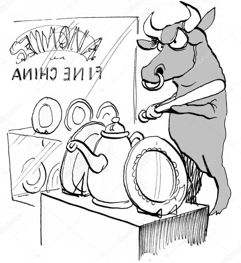 Cartoon illustration. An angry bull enters a china shop