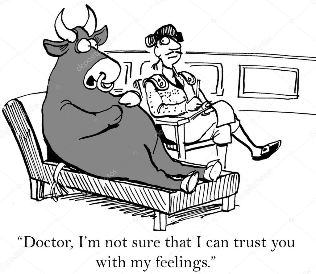 Cartoon illustration. Bull is having problems with matador therapist