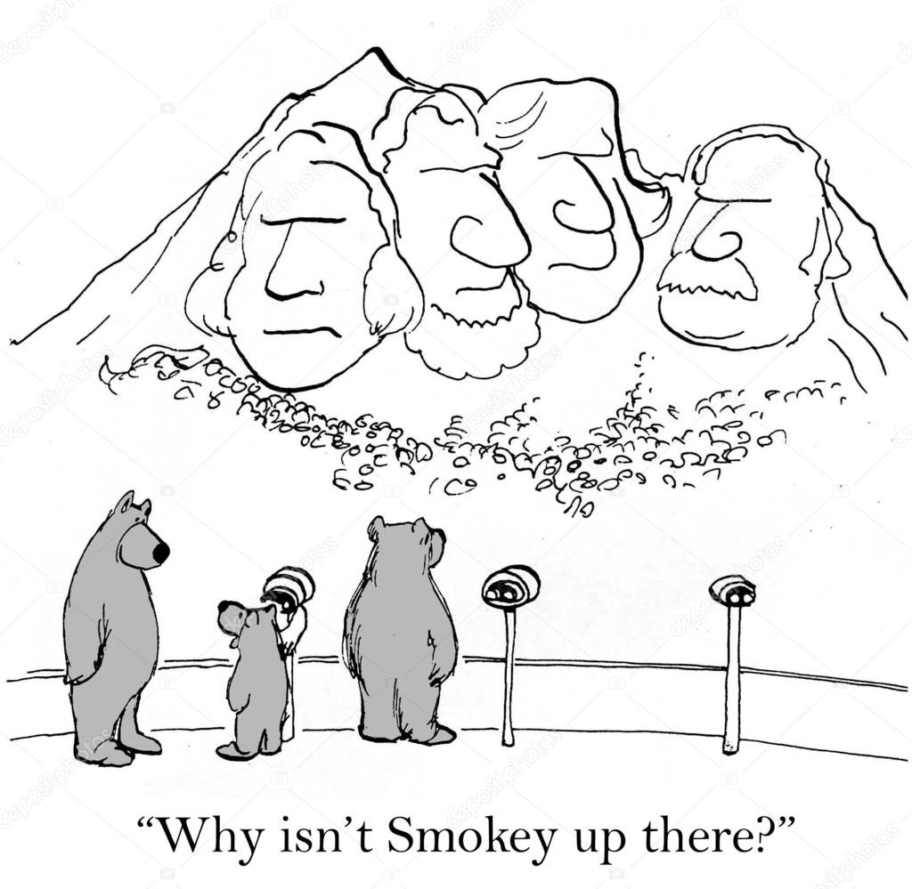 Cartoon illustration. Bears are looking at Mount Rushmore