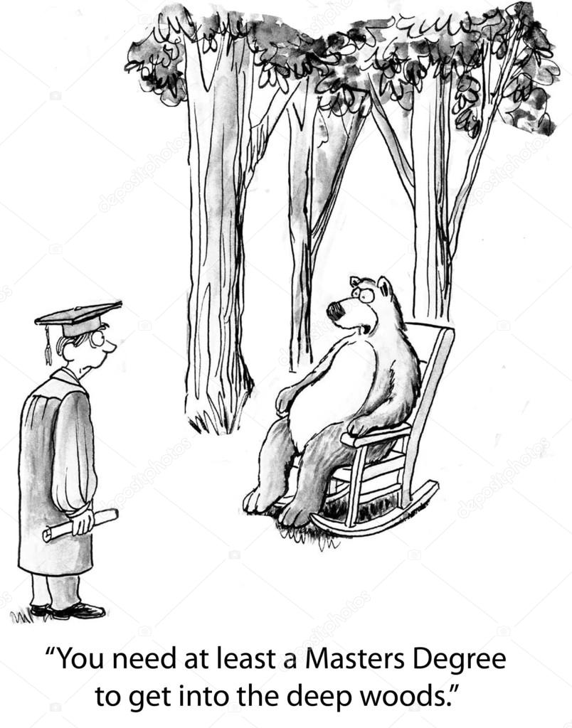 Cartoon illustration. Graduate needs masters degree to enter woods