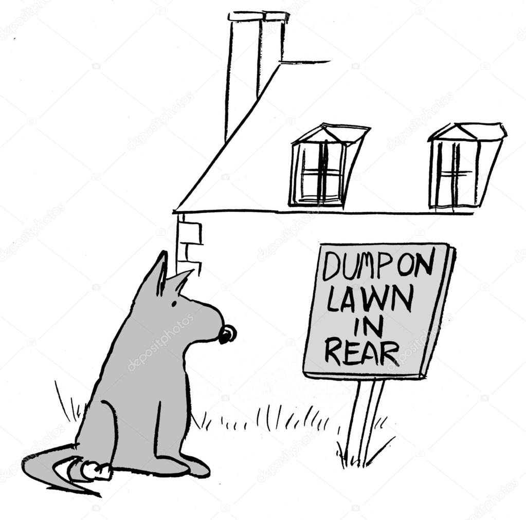Cartoon illustration. Dog reads the inscription. Dump on lawn