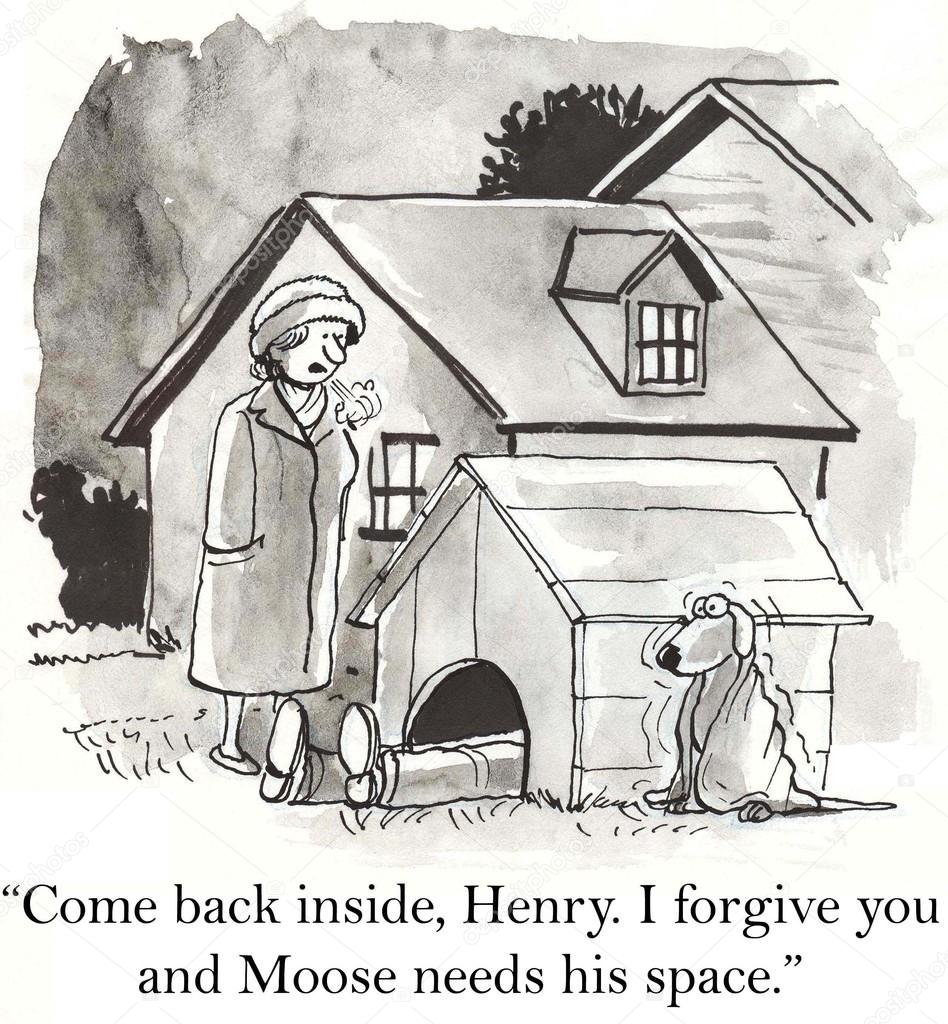 Cartoon illustration. Husband is in dog box