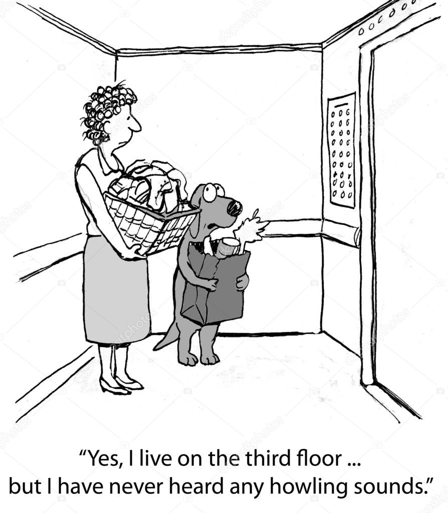Cartoon illustration. Dog with a woman riding in the elevator