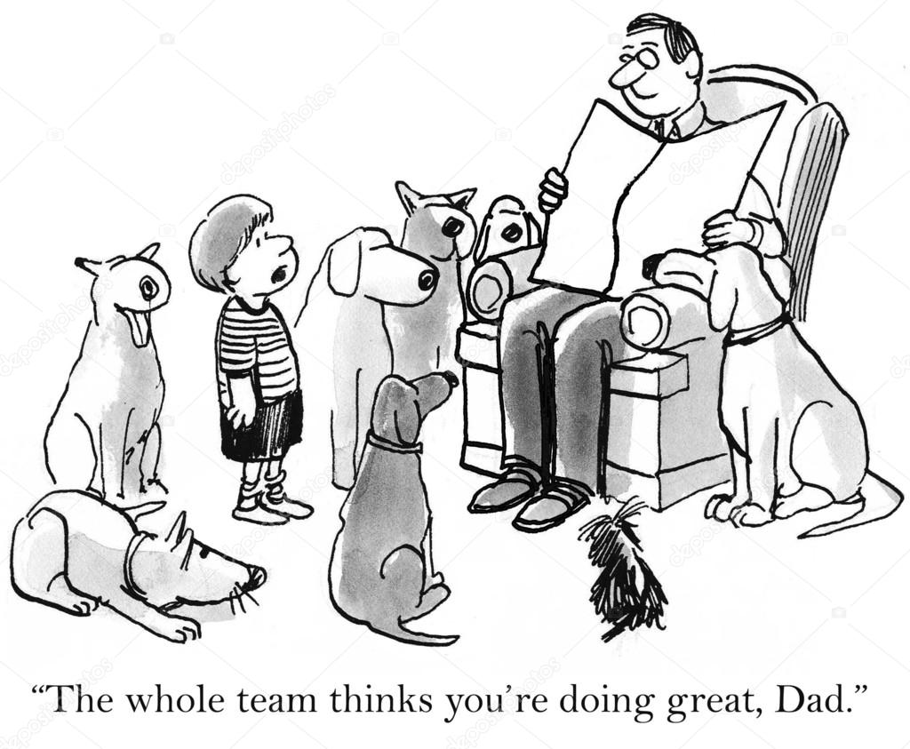 Cartoon illustration. Dogs around the master
