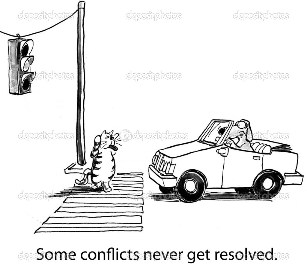 Cartoon illustration. Grimacing cat crossing the road