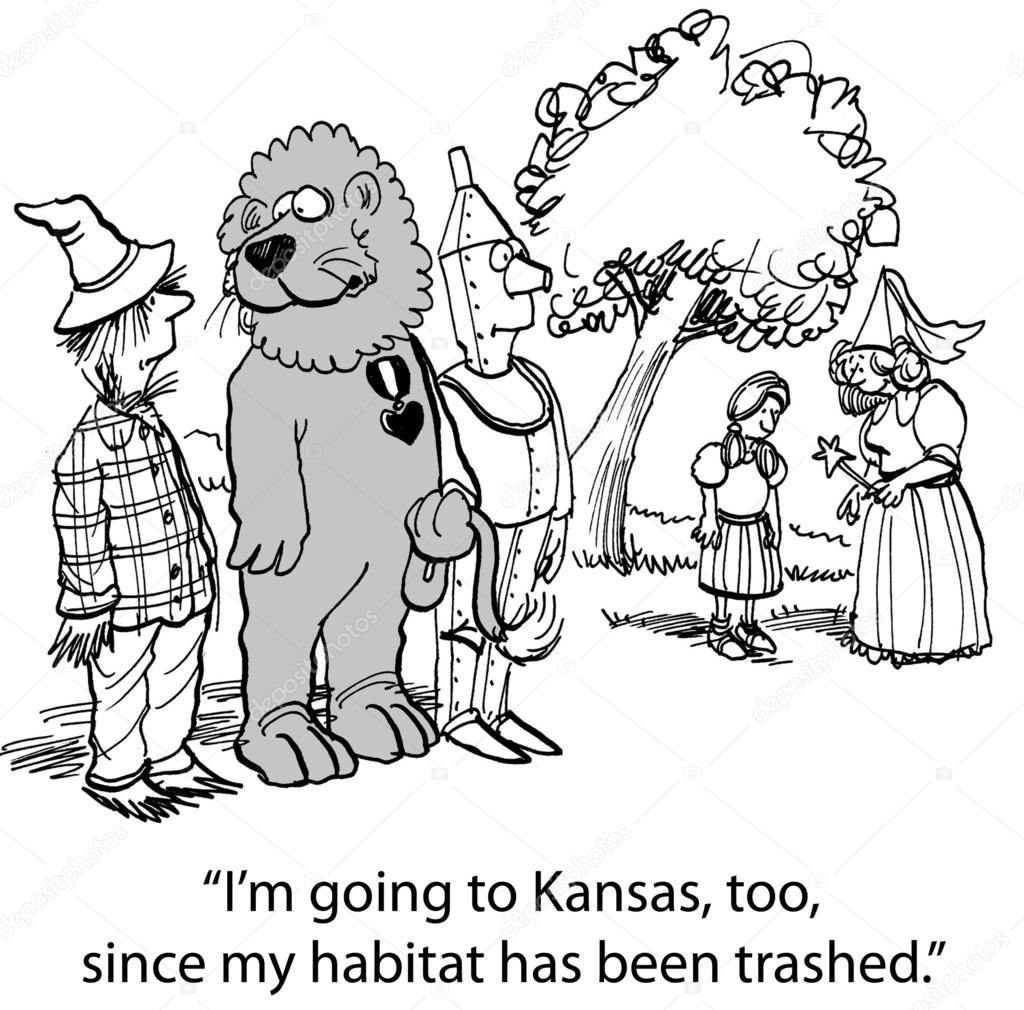 Cartoon illustration. Lion might as well go to Kansas