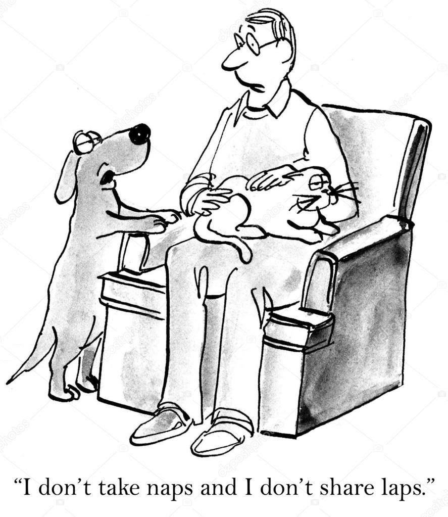 Cartoon illustration. The dog asks owner who holds a cat