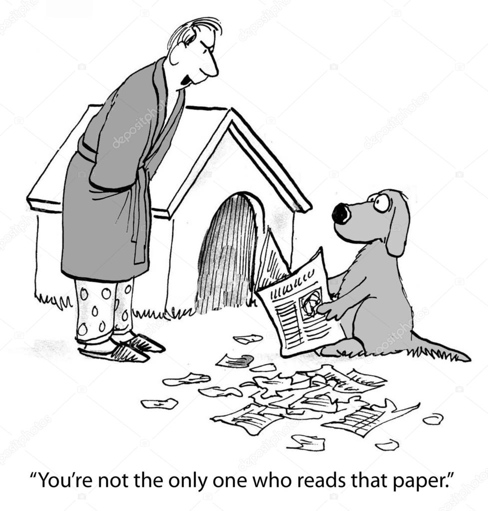 Cartoon illustration. Dog is hogging the paper
