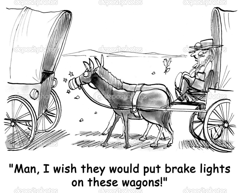 Cartoon illustration. Frontier horse wants brake lights