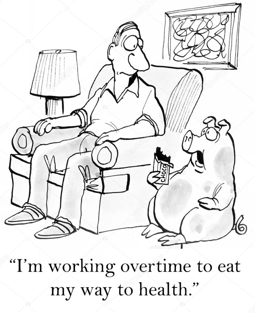 Cartoon illustration. Pig pet eats chocolate