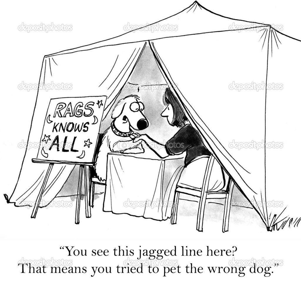 Cartoon illustration. Dog guesses on hand