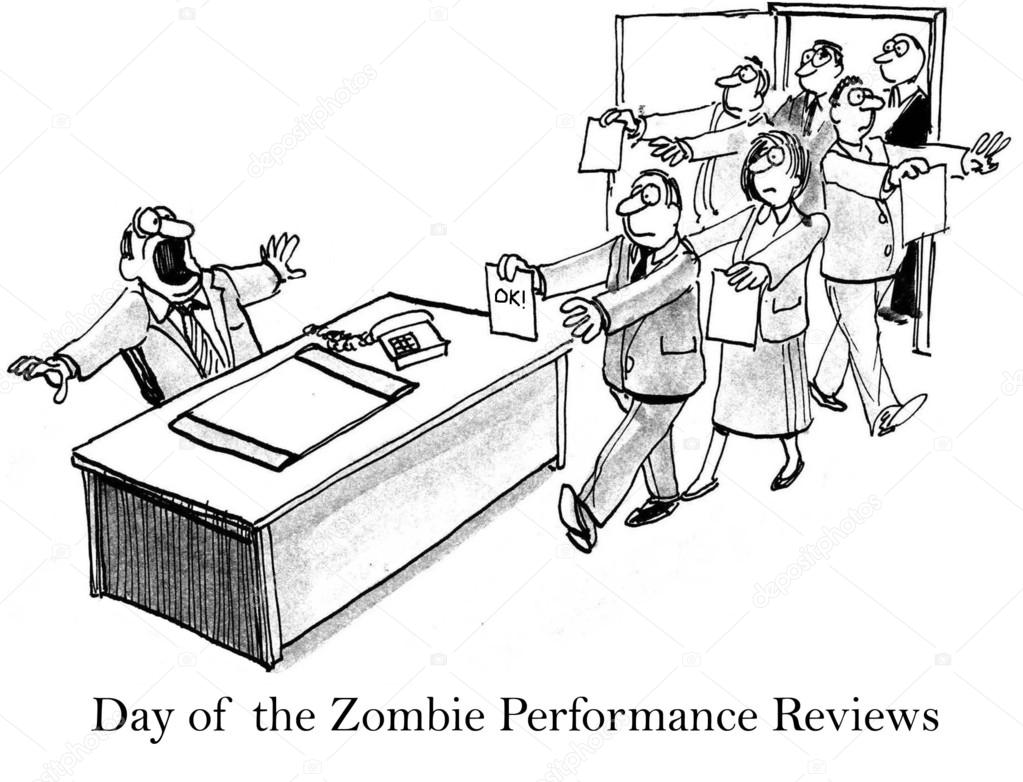 Cartoon illustration. Office workers like zombies. Day of the zombie job seekers with resumes