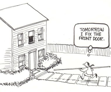 Pencereden dışarı atlamak çalışan adam. Karikatür Çizim