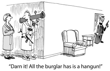 Robber with a gun in the house. Cartoon illustration clipart