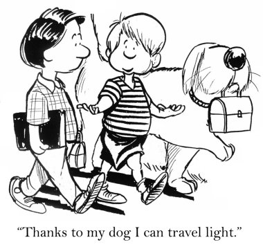 Karikatür illüstrasyon. Köpek okulda bir çanta çocuk taşır
