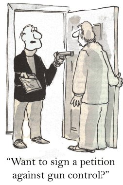 karikatür çizimi. adam bir dilekçe imza içinde silah tehdit ediyor.
