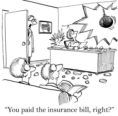 A doctor asks his medical secretary is she has paid the commercial insurance bill. clipart