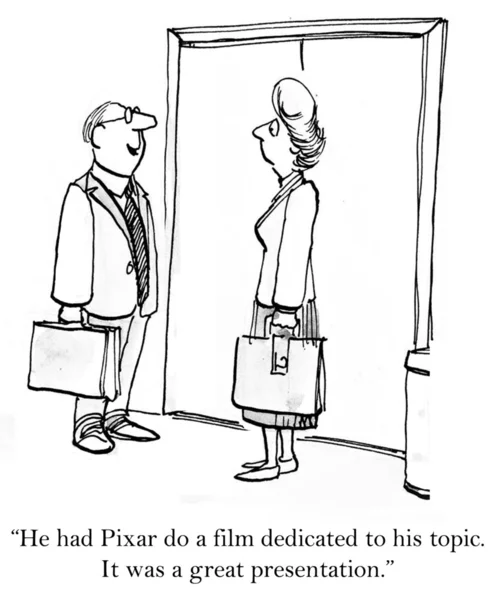 "ließ er pixar einen Film zu seinem Thema drehen. Es war eine großartige Präsentation." — Stockfoto