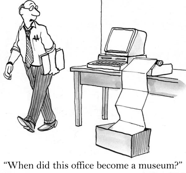 Ilustración de dibujos animados Trabajador mirando el ordenador en la oficina —  Fotos de Stock