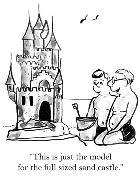 Ilustracja kreskówka. ludzie na plaży zbudowany zamek — Zdjęcie stockowe