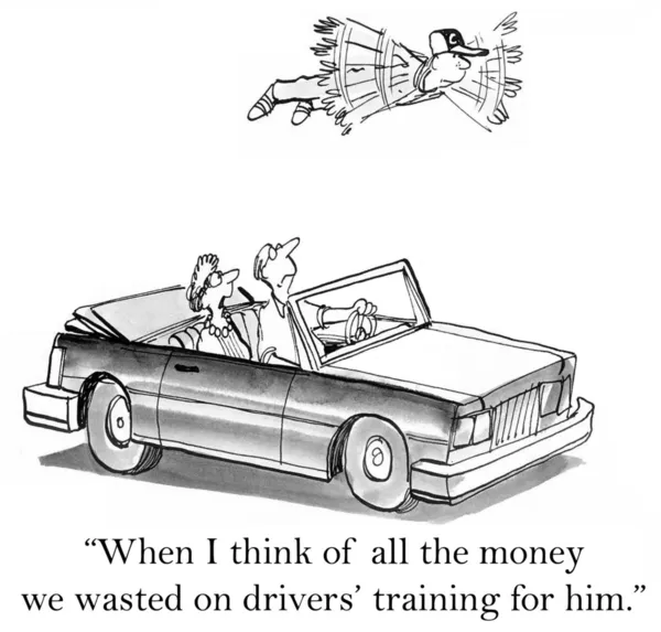 Мультфильм иллюстрации человек, летящий над автомобилем — стоковое фото