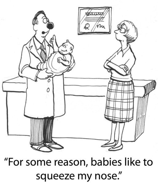 Доктор держит ребенка на руке. Карикатура
