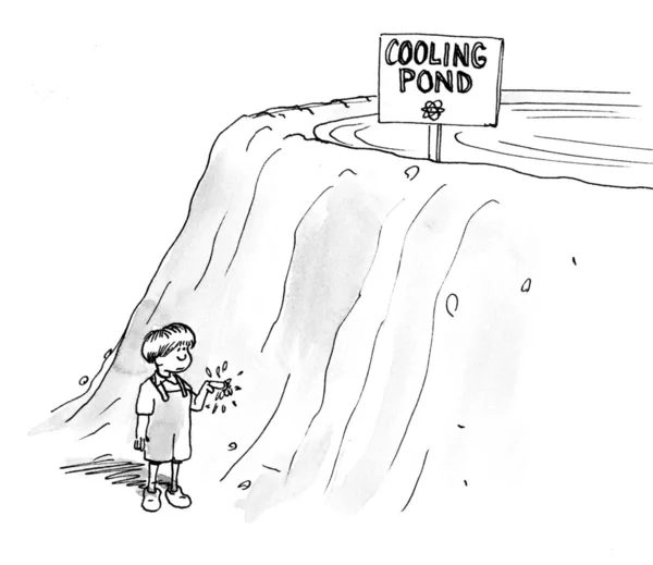 Cartoon illustration. Young boy is unknowingly making himself ill by trying to stop the flow of a nuclear reactor cooling pond. — Stock Photo, Image