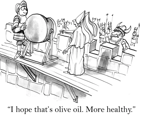 Dibujos animados ilustración. Guerrero vertiendo aceite ardiente sobre atacantes — Foto de Stock