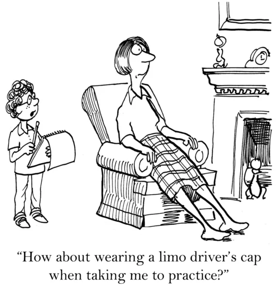 Pojken frågar mamma klädd som en limo-drivrutin — Stockfoto