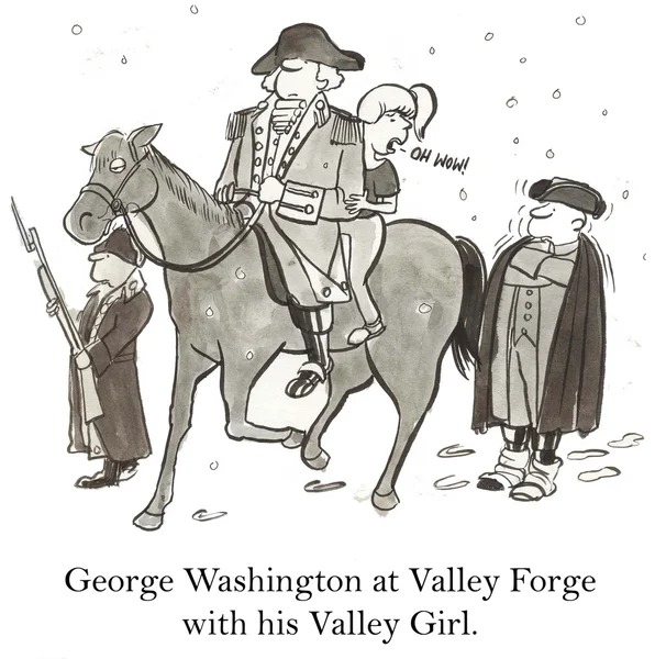 Historisk person, george washington, har en valley flicka rida sin häst med honom på valley forge. — Stockfoto