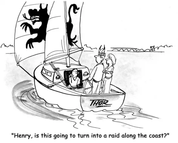 卡通插图。人们在一艘游艇上旅行 — 图库照片