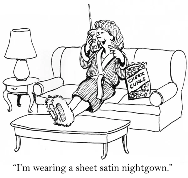 Karikatür çizimi. cips yeme ve telefonda konuşurken kanepede oturan kadın — Stok fotoğraf
