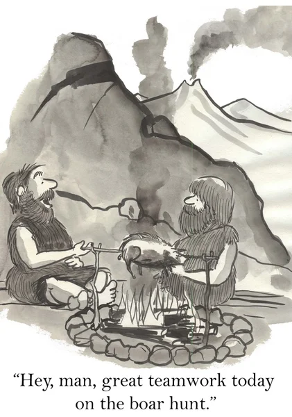 karikatür çizimi. Tarih öncesi adam aradıktan sonra ateş üzerinde yemek hazırlanır